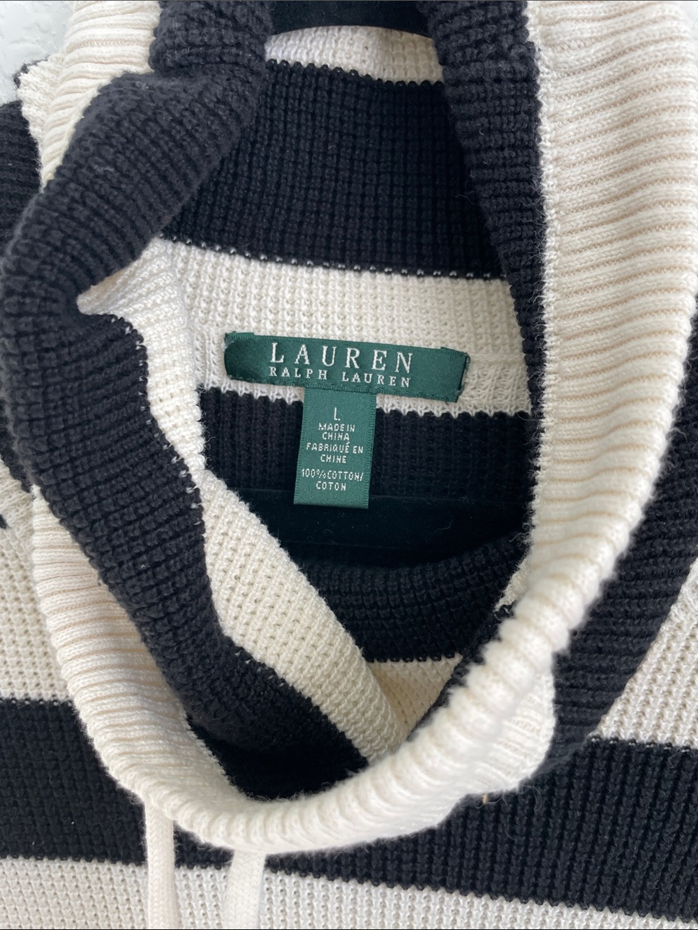 Ralph Lauren Black & Cream Striped Cowl Neck Waffle Knit Pullover • Large - Picture 2 of 9